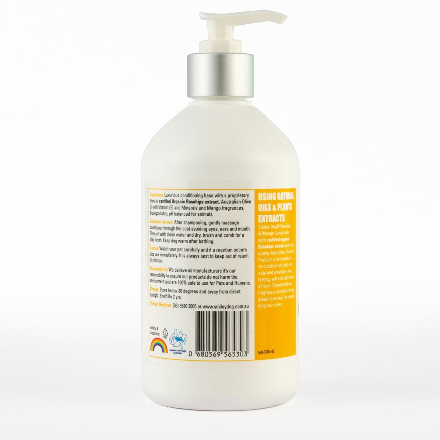 Smiley Dog® Organic Rosehips, Mango & Honey Trio – 250ml shampoo, 250ml conditioner, 30ml cologne; soap-free, pH balanced, formulated to rehydrate and repair coats, suitable for all breeds.