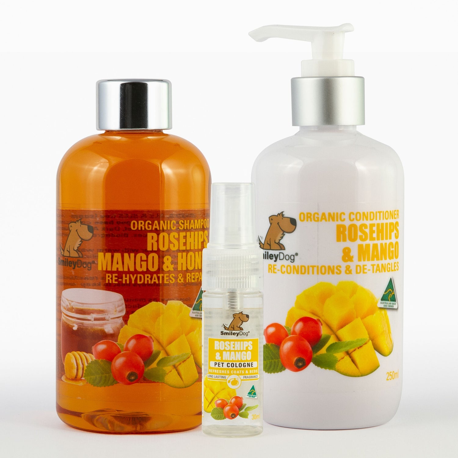 Smiley Dog® Organic Rosehips, Mango & Honey Trio – 250ml shampoo, 250ml conditioner, 30ml cologne; soap-free, pH balanced, formulated to rehydrate and repair coats, suitable for all breeds. 

