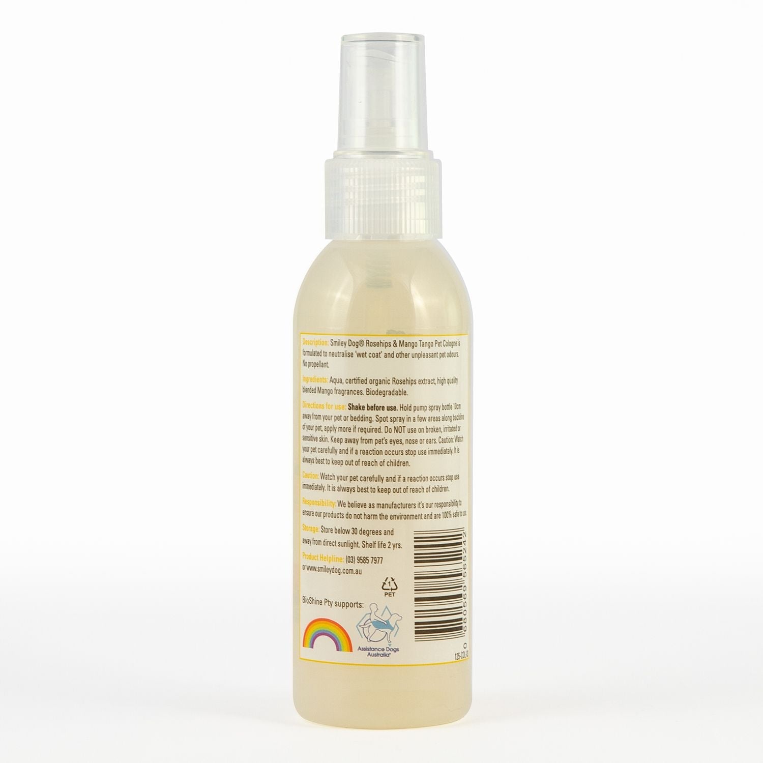 Smiley Dog® Organic Rosehips, Mango & Honey Trio – 250ml shampoo, 250ml conditioner, 30ml cologne; soap-free, pH balanced, formulated to rehydrate and repair coats, suitable for all breeds. 

