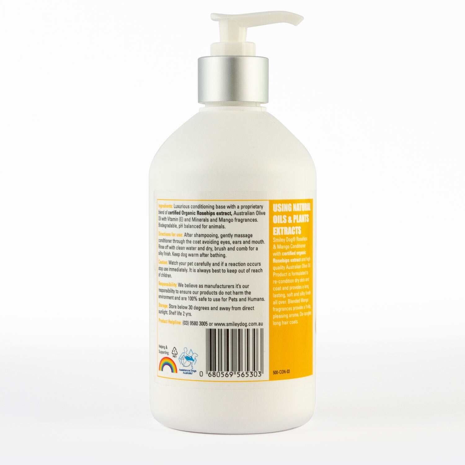 Smiley Dog® Organic Rosehips, Mango & Honey Trio – 250ml shampoo, 250ml conditioner, 30ml cologne; soap-free, pH balanced, formulated to rehydrate and repair coats, suitable for all breeds. 

