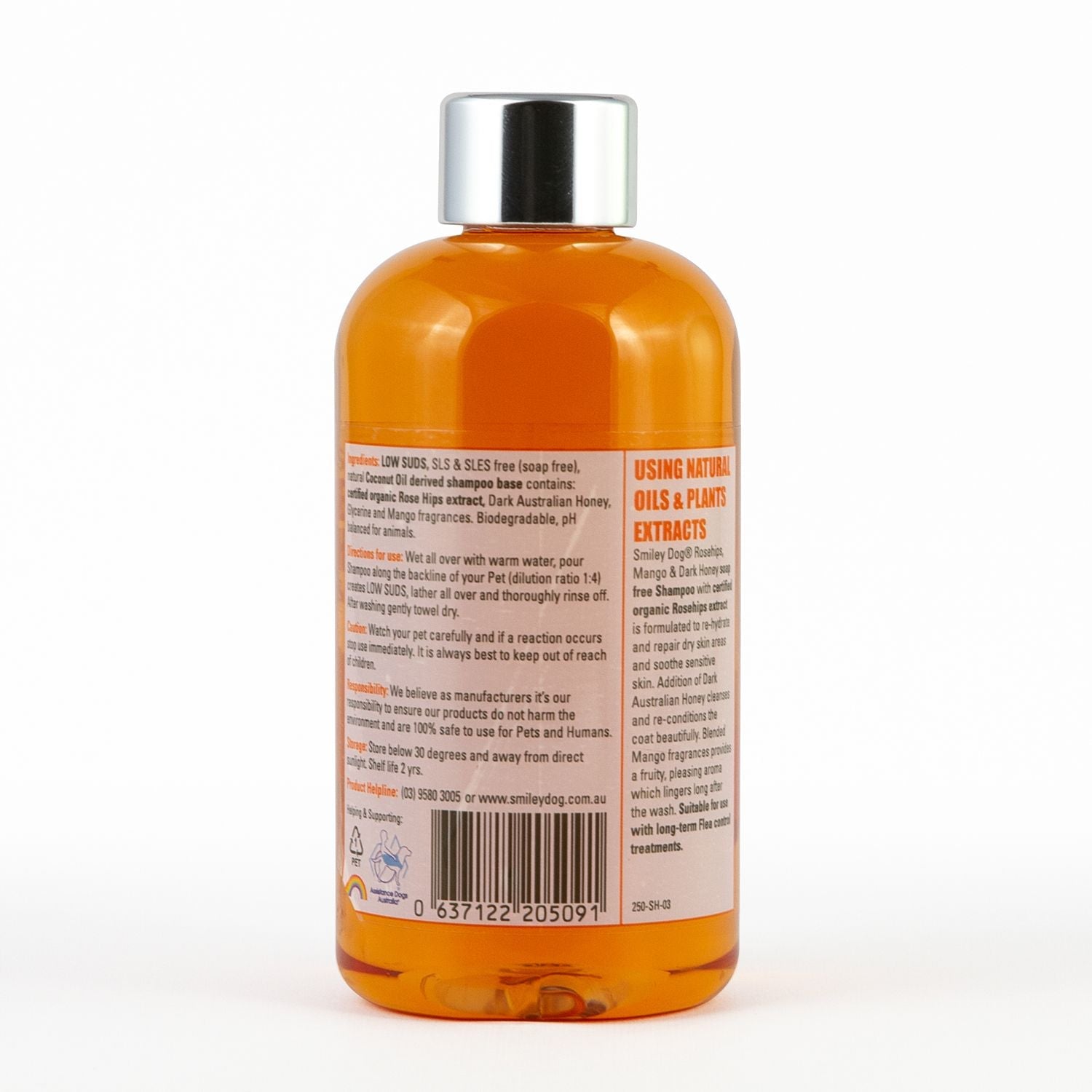 Smiley Dog® Organic Rosehips, Mango & Honey Trio – 250ml shampoo, 250ml conditioner, 30ml cologne; soap-free, pH balanced, formulated to rehydrate and repair coats, suitable for all breeds. 

